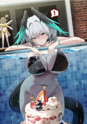1other 2girls ? absurdres against_glass alternate_costume aqua_bikini aqua_feathers aqua_wings arknights bikini black_bikini breast_press breasts breasts_on_glass cake candle chinese_commentary cleavage collarbone commentary_request cowboy_shot food grey_hair hair_between_eyes head_wings highres ho&#039;olheyak_(arknights) huge_breasts long_tail looking_at_viewer muelsyse_(arknights) multicolored_bikini multiple_girls navel orange_bikini out_of_frame parted_lips partially_submerged pool sideboob snake_tail spoken_question_mark stomach sviggum swimsuit tail thighs two-tone_bikini two-tone_feathers two-tone_wings underboob waving_arms wet wings