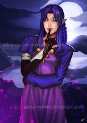 Rule 34 | 1girl, adrian wolve, blue eyes, blue hair, blue lips, braid, breasts, dress, fantasy, fate (series), finger to mouth, gloves, jewelry, lake, long hair, long sleeves, looking at viewer, medea (caster) (fate), medea (fate), moon, mountain, pointy ears, purple theme, ring, side braid, water