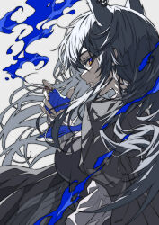 1girl absurdres animal_ear_fluff animal_ear_piercing animal_ears arknights black_cape black_hair black_vest blue_eyes blue_gloves blue_necktie cape cigarette extra_ears fingerless_gloves gloves highres holding holding_cigarette long_hair long_sleeves looking_at_viewer looking_back necktie parted_lips shirt shokikanes solo texas_(arknights) texas_the_omertosa_(arknights) torn_clothes torn_necktie upper_body vest white_shirt wolf_ears wolf_girl