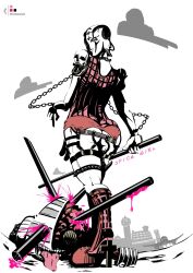 2others artist_logo artist_name ass blood boots chain cloud commentary commentary_request compound_eyes cross high_heels highres jojo_no_kimyou_na_bouken kurobameiyos limited_palette logo looking_back multiple_others notorious_b.i.g._(stand) pink_blood signature skull solo spice_girl_(stand) spot_color stand_(jojo) thigh_strap tongue tongue_out twitter_username vento_aureo weapon yellow_eyes