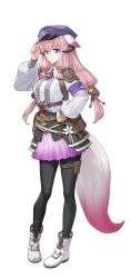 1girl absurdres animal_ears armband artist_request bell belt belt_pouch black_horns black_pantyhose closed_mouth full_body hair_bell hair_ornament hand_on_headwear hand_up hat highres hina_(rune_factory) horns long_hair long_sleeves looking_at_viewer official_art pantyhose peaked_cap pink_hair pleated_skirt pouch puffy_long_sleeves puffy_sleeves purple_armband purple_eyes purple_hat purple_skirt rune_factory rune_factory:_guardians_of_azuma shirt shoes simple_background skirt smile solo standing tail transparent_background white_background white_shirt white_shoes