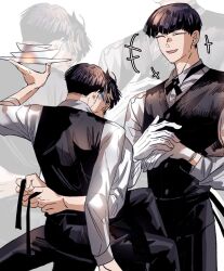 Rule 34 | 2boys, adjusting apron, apron, arms around waist, black apron, black hair, black vest, blunt bangs, buttons, closed eyes, collared shirt, formal clothes, from behind, gloves, hand up, highres, holding, holding plate, hoshina soshiro, kaijuu no. 8, kiss, laughing, male focus, mmmiaa, motion lines, multicolored hair, multiple boys, multiple views, narumi gen, open mouth, own hands together, plate, shirt, short hair, sitting, sitting on lap, sitting on person, straight hair, streaked hair, vest, white gloves, white hair, white shirt, yaoi