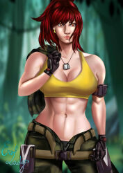 1girl breasts curvy earrings erolady gloves highres huge_breasts jewelry large_breasts leather leona_heidern looking_at_viewer military nature orochi_leona outdoors pale_skin panties pants red_eyes red_hair shirt standing tank_top the_king_of_fighters thighs toned toned_female underwear undressing unzipped wide_hips