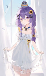 1girl absurdres animal animal_on_head bare_shoulders bird bird_on_head braid character_request clothes_lift collarbone commission copyright_request curtains dress dress_lift flower hair_flower hair_ornament highres on_head purple_eyes purple_hair solo sundress sunflower sunflower_hair_ornament usagi_(786113654) virtual_youtuber white_dress window x_hair_ornament