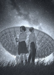 Rule 34 | 1boy, 1girl, back-to-back, binoculars, grass, greyscale, halftone, halftone background, highres, milky way, monochrome, namito, night, night sky, original, outdoors, pleated skirt, radio telescope, short hair, short sleeves, skirt, sky, standing, star (sky), starry sky
