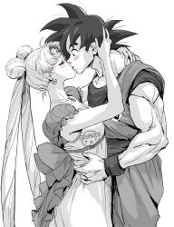 1boy 1girl arm_around_neck back_bow belt bishoujo_senshi_sailor_moon black_hair blush bow breasts choker closed_eyes company_connection couple crescent crescent_earrings crossover double_bun dragon_ball dragonball_z dress earrings facial_mark forehead_mark greyscale hair_bun hand_in_another&#039;s_hair hand_on_another&#039;s_hip hetero highres jewelry kiss long_dress long_hair looking_at_another medium_breasts monochrome muscular muscular_male parted_bangs sailor_moon shirt sleeveless sleeveless_shirt son_goku spiked_hair spot_color spykeee toei_animation tsukino_usagi twintails upper_body wristband