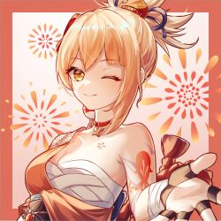1girl absurdres arm_tattoo bandaged_arm bandages blonde_hair border breasts chest_sarashi chest_tattoo choker genshin_impact hadanugi_dousa hair_ornament highres japanese_clothes kimono looking_at_viewer medium_breasts obi one_eye_closed open_hand open_kimono orange_kimono ponytail reaching reaching_towards_viewer red_border sarashi sash single_bare_shoulder smile tattoo upper_body vision_(genshin_impact) yellow_eyes yoimiya_(genshin_impact) yuno_kaihara