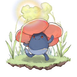 arm_up closed_mouth dlitw full_body gen_1_pokemon grass highres nintendo no_humans pokemon pokemon_(creature) red_eyes simple_background smoke solo spores stun_spore_(pokemon) vileplume walking white_background