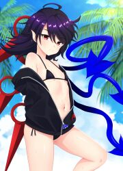 1girl absurdres ahoge asymmetrical_wings bare_shoulders beach bikini black_bikini black_hair black_jacket blue_wings breasts cipher_(user_watm8555) closed_mouth hands_in_pockets happy highres houjuu_nue jacket jacket_over_swimsuit long_sleeves looking_at_viewer medium_hair navel outdoors pointy_ears red_eyes small_breasts smile solo stomach swimsuit touhou track_jacket ufo wings zipper_pull_tab