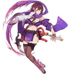 1girl animal animal_on_shoulder ark_order bare_shoulders black_gloves black_hair black_panties bra breasts brown_thighhighs detached_sleeves fingerless_gloves flower full_body gloves hair_flower hair_ornament holding holding_sword holding_weapon kamaitachi_(ark_order) katana large_breasts licking licking_another&#039;s_face midriff mole mole_on_breast official_art okobo one_eye_closed open_mouth panties pelvic_curtain platform_sandals purple_bra purple_eyes purple_scarf purple_skirt red_cucumber sandals scarf sheath short_sleeves skirt socks solo sword tachi-e thighhighs transparent_background underwear unsheathing weapon weasel wide_sleeves