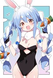 1girl absurdres alternate_costume animal_ear_fluff animal_ears black_gloves black_leotard blue_background blue_hair blush border braid breasts carrot_hair_ornament cleavage clothing_cutout commentary_request cowboy_shot don-chan_(usada_pekora) dot_nose food-themed_hair_ornament fur-trimmed_gloves fur_trim gloves hair_ornament head_tilt highres hololive hutaba_haru leotard looking_at_viewer multicolored_hair open_mouth orange_eyes rabbit_ears rabbit_girl small_breasts smile solo strapless strapless_leotard thick_eyebrows twin_braids two-tone_hair usada_pekora virtual_youtuber white_border white_hair