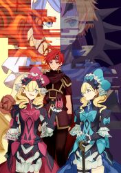 1boy 3girls armor blonde_hair blue_armor blue_eyes blue_hair emblem_ring fire_emblem fire_emblem:_the_binding_blade fire_emblem_engage frilled_headwear hair_over_one_eye lumera_(fire_emblem) madeline_(fire_emblem) marni_(fire_emblem) mature_female multiple_girls nintendo red_armor roy_(fire_emblem) shoochiku_bai two-tone_headwear wavy_hair