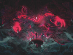 2others analogous_colors character_request claws cloud dkaism from_behind glowing glowing_eyes mountaintop multiple_others nintendo outstretched_arms painterly pokemon reaching reaching_towards_another silhouette size_difference smoke standing third_eye