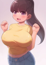 1girl :3 blue_pants blush breasts brown_hair covered_erect_nipples denim jeans kai_ooo1 large_breasts long_hair looking_at_viewer midriff navel open_mouth oppai_loli original pants ponytail purple_eyes shirt short_sleeves smile standing white_background yellow_shirt