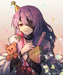 Rule 34 | 1girl, bandaged arm, bandages, bilibili logo, bilibili username, blindfold, box, chinese commentary, commentary, confetti, gift, gift box, gift wrapping, gradient background, hair between eyes, hair intakes, hat, hecate (path to nowhere), highres, hugging object, long hair, one eye covered, open mouth, orange background, party hat, path to nowhere, purple hair, robe, signature, smile, solo, stuffed animal, stuffed toy, teddy bear, upper body, vleaf, white robe, wide sleeves, yellow hat