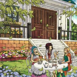 Rule 34 | 3girls, anklet, bare shoulders, bead anklet, beads, bianca (dq5), blonde hair, blue flower, blue hair, boots, braid, breasts, brick wall, brown hair, choker, deborah (dq5), door, dragon quest, dragon quest v, dress, earrings, falling leaves, flora (dq5), flower, fur scarf, garden, green boots, green dress, hair flower, hair ornament, hair over shoulder, hair ribbon, half updo, highres, jewelry, leaf, long dress, long hair, looking at another, medium breasts, multicolored dress, multiple girls, necklace, open mouth, orange cloak, outdoors, parted bangs, pink flower, pink ribbon, red flower, ribbon, siblings, single braid, sisters, sitting, smile, swept bangs, table, toriga, white flower, yellow flower