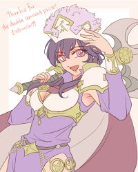 1girl armor armpits axe belt bracer breastplate breasts cleavage commission commissioner_upload double-sided_axe fire_emblem fire_emblem:_genealogy_of_the_holy_war fire_emblem_heroes hat highres holding holding_axe holding_weapon larcei_(fire_emblem) larcei_(scion)_(fire_emblem) looking_at_viewer medium_breasts nintendo official_alternate_costume open_mouth pelvic_curtain purple_tunic shoulder_armor skeb_commission smile solo standing tomboy tunic ursla99 weapon