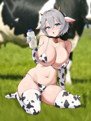 Rule 34 | 1girl, :o, ajidot, animal, animal ears, animal print, bell, bikini, black choker, blue eyes, bottle, breasts, brown dust (series), brown dust 2, choker, cow, cow ears, cow horns, cow print, cow print bikini, cow print gloves, cow print thighhighs, cowbell, curvy, ear tag, elbow gloves, fake animal ears, full body, gloves, grass, grey hair, hairband, highres, horns, huge breasts, micro bikini, milk bottle, mole, mole on breast, navel, neck bell, outdoors, print bikini, print gloves, print thighhighs, short hair, sitting, solo, stomach, swimsuit, teresse (brown dust), thighhighs, thighs