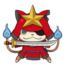 armor blue_fire cat fire flame-tipped_tail highres hitodama holding holding_sword holding_weapon japanese_armor katana looking_at_viewer multiple_tails no_humans notched_ear official_art simple_background solo star_(symbol) sword tail the_last_nyanmurai third-party_source transparent_background two_tails weapon youkai_(youkai_watch) youkai_watch youkai_watch_3