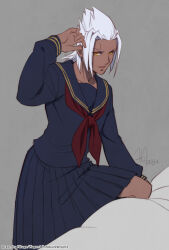 alternate_costume artist_name banana_gyuunyuu blue_shirt blue_skirt crossdressing dark-skinned_male dark_skin grey_background hair_slicked_back hand_in_own_hair highres kingdom_hearts long_sleeves looking_at_viewer neckerchief orange_eyes parted_bangs parted_lips pleated_skirt red_neckerchief school_uniform shirt skirt twitter_username upper_body white_hair xemnas