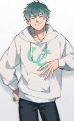 1boy ^3^ aqua_hair blurry closed_eyes collarbone contrapposto cowboy_shot denim depth_of_field ear_piercing earrings facing_viewer fingernails gradient_background hair_between_eyes hand_on_own_hip head_tilt highres hood hoodie hypnosis_mic jeans jewelry long_sleeves male_focus merchandise multicolored_hair number_four_(asl) nurude_sasara pants piercing print_hoodie shadow short_hair smile solo stud_earrings twitter_username urata_(kogasitata) v-shaped_eyebrows white_background white_hoodie