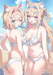 Rule 34 | 2girls, alternate breast size (larger), alternate costume, animal ear fluff, animal ears, ass, ayamy, bandaid, bandaid hair ornament, beach, bikini, blonde hair, blue eyes, blue hair, blue hairband, blue sky, breasts, cleavage, commentary, crossed bangs, day, dog ears, dog girl, dog tail, double-parted bangs, english commentary, food, food in mouth, frilled bikini, frills, front-tie bikini top, front-tie top, fuwawa abyssgard, hair between eyes, hair ornament, hairband, hairclip, highres, holding, holding food, holding popsicle, hololive, hololive english, horn hairband, large breasts, long hair, looking at viewer, median furrow, medium breasts, mococo abyssgard, multi-strapped bikini bottom, multicolored hair, multiple girls, navel, one eye closed, open mouth, outdoors, parallel hairclips, pink eyes, pink hair, pink hairband, popsicle, popsicle in mouth, short hair, siblings, sisters, sky, stomach, streaked hair, swimsuit, tail, tongue, twins, two side up, virtual youtuber, white bikini, x hair ornament