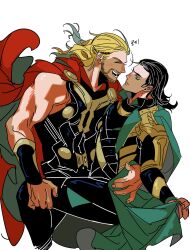 2boys absurdres armor bare_shoulders beard black_armor black_hair black_pants black_shirt blonde_hair brothers cape closed_eyes facial_hair fingernails floating_hair gauntlets green_eyes green_pants half-closed_eyes hand_around_waist highres karmaho loki_(marvel) long_hair long_sleeves looking_at_another male_focus marvel marvel_cinematic_universe medium_hair multiple_boys muscular muscular_male open_mouth pants red_cape shirt shoulder_armor siblings simple_background smile standing teeth thor_(marvel) thor_(marvel)_(series) white_background