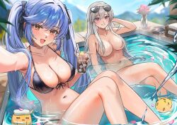 2girls absurdres alternate_costume ariko_(aaaaarik) armpits azur_lane baby_animal bare_shoulders bikini bird black_bikini blue_hair bow braid breasts chick cleavage collarbone commentary completely_nude convenient_censoring cup drinking_glass english_commentary enterprise_(azur_lane) essex_(azur_lane) eyewear_on_head food front-tie_bikini_top front-tie_top fruit grin hair_bow hair_censor halterneck hand_up highres holding holding_cup knees_up large_breasts lemon lemon_slice long_hair looking_at_viewer manjuu_(azur_lane) multiple_girls navel nude open_mouth orange_eyes outstretched_arm pool purple_eyes selfie sitting smile stomach string_bikini sunglasses swept_bangs swimsuit thighs twintails very_long_hair wading_pool water wet white_hair