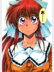 1girl bow breasts female_focus hair_bow inoue_sora large_breasts long_hair mitsurugi_ryouko ponytail purple_eyes real_bout_high_school red_hair scan school_uniform solo