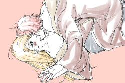2boys bare_shoulders black_sclera blush chest_tattoo colored_sclera deidara_(naruto) edo_tensei grey_eyes hair_down hayamin35 highres holding_hands implied_sex kiss kissing_neck looking_at_another male_focus multiple_boys naruto_(series) naruto_shippuuden open_clothes open_robe pants parted_lips pink_background red_hair robe sasori_(naruto) short_hair simple_background sketch tattoo yaoi
