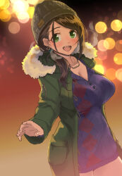 1girl :d blush breasts brown_hair cleavage collarbone dress earrings fur-trimmed_jacket fur_trim green_eyes green_jacket idolmaster idolmaster_cinderella_girls jacket jewelry kawaty knit_hat large_breasts looking_at_viewer open_mouth purple_dress smile solo sweater sweater_dress triangle_earrings yamato_aki