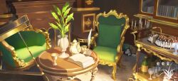 book bookshelf bottle cake cart chair chalice cup drinking_glass fireplace food gold_trim indoors inkwell instrument no_humans open_book original piano plant quill table teapot vase wine_glass xingzhi_lv