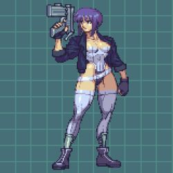 1girl belt black_footwear black_gloves black_jacket breasts clenched_hand closed_mouth collarbone covered_navel cyborg fingerless_gloves ghost_in_the_shell gloves grid grid_background gun holding holding_gun holding_weapon jacket kusanagi_motoko leotard muscular muscular_female omegachaino open_clothes open_jacket pixel_art purple_eyes purple_hair revealing_clothes short_hair sleeves_rolled_up solo standing thighhighs weapon white_thighhighs