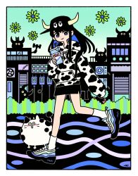 1girl 2021 animal_print black_skirt blue_eyes border bright_pupils building chinese_zodiac cow cow_horns cow_print fake_horns flower garouma green_flower green_sky highres hood hood_down hoodie horns long_sleeves looking_at_viewer original print_hoodie shoes skirt sky sleeves_past_fingers sleeves_past_wrists smile socks solo white_border white_pupils white_socks year_of_the_ox