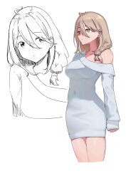 1girl absurdres blonde_hair braid breasts covered_navel dress hair_between_eyes highres jyuunen-kun large_breasts long_hair make_heroine_ga_oo_sugiru! multiple_views narrow_waist shikiya_yumeko simple_background single-shoulder_dress sketch solo upper_body white_background