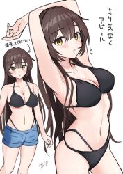 1girl armpits arms_up arrow_(symbol) bikini bikini_under_shorts blue_shorts blush breasts brown_hair cleavage collarbone cowboy_shot denim denim_shorts hair_between_eyes highres long_hair looking_at_viewer may9 medium_breasts multi-strapped_bikini_bottom multiple_views navel original parted_lips raised_inner_eyebrows shorts signature simple_background skindentation standing stomach string_bikini swimsuit translation_request white_background yellow_eyes