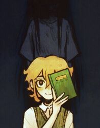 Rule 34 | 1boy, 1girl, alternate eye color, basil (faraway) (omori), basil (omori), black eyes, black hair, blonde hair, blush, book, closed mouth, collared shirt, dress, green sweater vest, hellmari (omori), highres, holding, holding book, looking at viewer, omori, ottie pops, shirt, short sleeves, smile, sweater vest, white dress, white shirt