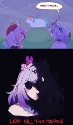 2girls castorice_(honkai:_star_rail) drill_hair flower hair_flower hair_ornament hat highres honkai:_star_rail honkai_(series) hyacine_(honkai:_star_rail) little_ica_(honkai:_star_rail) multiple_girls night night_sky outdoors pink_hair purple_flower purple_hair red_hat sky speech_bubble star_(sky) starry_sky unfamousradish