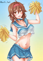1girl ahoge anti_(untea9) blue_background blue_sailor_collar blue_skirt brown_eyes cheering cheerleader crop_top gradient_background groin hair_flaps hairband highres holding holding_pom_poms kantai_collection low_twintails medium_hair midriff navel one-hour_drawing_challenge pleated_skirt pom_pom_(cheerleading) pom_poms red_hairband sailor_collar sailor_shirt shiratsuyu_(kancolle) shirt skirt solo twintails twitter_username white_shirt