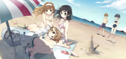 4girls annyeong_we_are_peanuts barefoot beach bikini black_eyes black_hair brown_eyes brown_hair day glasses heart heart_print legs multiple_girls official_art print_bikini shin_ji-won son_min-ji swimsuit tiv yu_anna