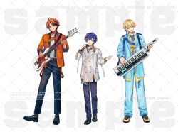 3boys :d alternate_costume aqua_eyes astel_leda belt belt_buckle black_hair black_pants black_shirt black_shoes black_socks blonde_hair blue_eyes blue_hair blue_jacket blue_pants blue_ribbon blue_shirt buckle buttons chain chain_necklace collared_shirt copyright_notice crew_neck cross-laced_shoes curtained_hair double-breasted floral_print full_body grin hair_between_eyes hair_ornament hair_ribbon heterochromia highres holding holding_instrument holding_microphone holostars instrument jacket jewelry keytar kishido_temma lapel_pin lapels layered_shirt lineup long_sleeves looking_at_object looking_at_viewer male_focus microphone mole mole_under_eye monk_shoes multicolored_hair multicolored_shoes multiple_boys music naruta_iyo necklace notched_lapels official_art open_clothes open_jacket open_mouth open_shirt orange_belt orange_eyes orange_hair orange_jacket pants parted_bangs patterned_clothing playing_guitar playing_instrument print_shirt purple_eyes purple_pants ribbon sample_watermark shirt shirt_tucked_in shoes short_hair singing sleeves_rolled_up smile socks standing star_(symbol) star_button star_hair_ornament starry_hair streaked_hair suntempo two-tone_shoes untucked_shirt virtual_youtuber watermark watermark_grid white_background white_shirt wing_collar yellow_shirt yellow_shoes yukoku_roberu