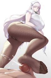 Rule 34 | 1boy, 1girl, ass, breasts, cum, dress, ejaculation, fate/grand order, fate (series), feet, fishnet pantyhose, fishnets, florence nightingale (fate), florence nightingale (santa) (fate), footjob, footjob with legwear, glasses, gloves, hat, hetero, ion (cation), large breasts, long hair, nurse, nurse cap, pantyhose, penis, pink hair, red eyes, short sleeves, syringe, thighs, uncensored, white dress, white gloves