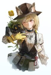 1girl absurdres animal_ears arknights beanstalk_(arknights) black_vest blonde_hair brown_hat commentary creature domesticated_metal_crab_(arknights) ears_through_headwear flower gloves hair_between_eyes hat highres holding holding_creature infection_monitor_(arknights) mumu_millhayes one_eye_closed orange_eyes shirt short_hair simple_background smile solo striped_clothes striped_shirt vertical-striped_clothes vertical-striped_shirt vest white_background white_shirt yellow_flower yellow_gloves
