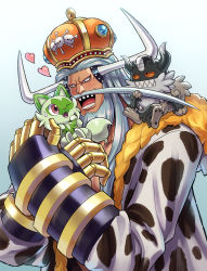 1boy avalo_pizarro beard carrying coat commentary_request crossed_legs crossover crown facial_hair gauntlets gen_8_pokemon heart highres hood hood_down hooded_coat horns hug light_blush long_hair long_sleeves looking_at_another male_focus mustache nintendo one_piece open_mouth perrserker pokemon pokemon_(creature) silver_hair skull_and_crossbones smile sprigatito sweatdrop upper_body youkan_(tako)