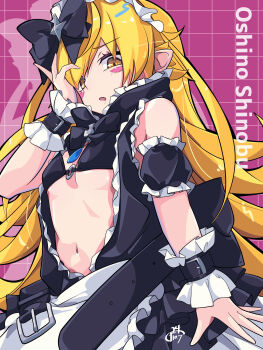 1girl :o absurdres bare_shoulders bikini black_bikini black_ribbon blonde_hair blush_stickers fang highres looking_at_viewer maid_headdress monogatari_(series) navel noraki151 o-ring o-ring_bikini official_alternate_costume oshino_shinobu oshino_shinobu_(maidmade) ribbon solo stomach swimsuit yellow_eyes