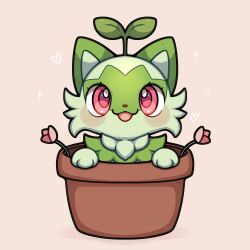 Rule 34 | absurdres, blush, blush stickers, bright pupils, flower, flower pot, heart, highres, looking up, nintendo, no humans, pink eyes, plant, pokemon, pokemon (creature), potted plant, sevi (seviyummy), simple background, smile, sprigatito, tongue, tongue out, white pupils