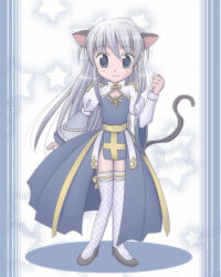 1girl animal_ears arch_bishop_(ragnarok_online) black_shoes blue_dress cat_ears cat_girl cat_tail cleavage_cutout closed_mouth clothing_cutout commentary_request cross dated_commentary dress fishnet_thighhighs fishnets frilled_thighhighs frills full_body grey_eyes high_heels juliet_sleeves long_hair long_sleeves looking_at_viewer puffy_sleeves ragnarok_online sash sharari shoes smile solo star_(symbol) tail thighhighs two-tone_dress white_background white_dress white_thighhighs yellow_sash