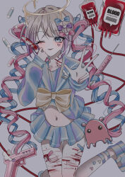 1girl absurdres ankle_strap blonde_hair blood blood_bag blood_on_leg blood_on_neck blue_bow blue_eyes blue_hair blue_serafuku blue_shirt blue_shoes blue_skirt bow chouzetsusaikawa_tenshi-chan crop_top cute_weapon dot_nose fingernails grey_background gun hair_bow hair_intakes hair_ornament halo handgun heart heart_hair_ornament highres holding holding_knife holographic_clothing knife large_bow long_fingernails long_hair looking_at_viewer m/ melting_halo midriff miniskirt multiple_hair_bows navel needy_girl_overdose one_eye_closed pill pink_bow pink_hair platform_shoes pleated_skirt purple_bow quad_tails reno_(re_leno) school_uniform self-harm serafuku shirt shoes simple_background skirt solo very_long_hair weapon yellow_bow yellow_halo