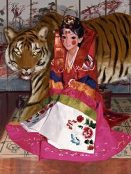 1girl animal bingi black_eyes black_hair blood blood_from_mouth blood_on_wall blush_stickers bride embroidery floral_embroidery floral_print folding_screen hair_ornament hanbok highres hwalot implied_murder indoors jewelry korean_clothes looking_at_viewer makeup mat on_floor original pet seiza sitting striped_clothes striped_fur symbolism tiger tiger_stripes yeonji_gonji