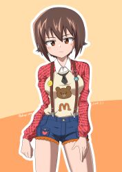Rule 34 | 1girl, absurdres, animal print, bear print, blue shorts, brown eyes, brown hair, casual, clenched hand, cross, dated, drops mint, frilled shorts, frills, girls und panzer, highres, iron cross, light blush, light smile, long sleeves, looking at viewer, necktie, nishizumi maho, overalls, pin, red sleeves, shirt, short hair, shorts, smile, solo, sweater, text print, two-tone background, white shirt, yellow sweater
